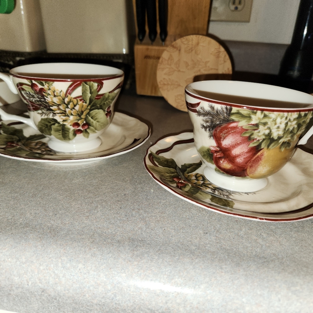 222 Fifth Yuletide Celebration salad plates & cup and saucers - Picture 2 of 7